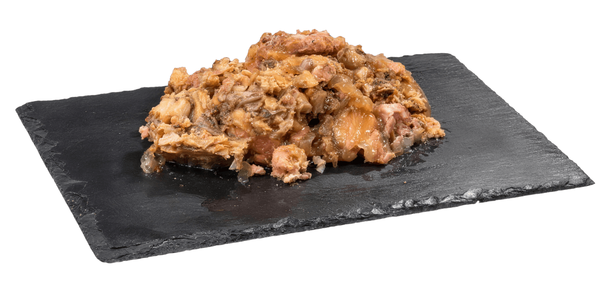 Contents of a Topstein Chicken and Fish in a Can on a board