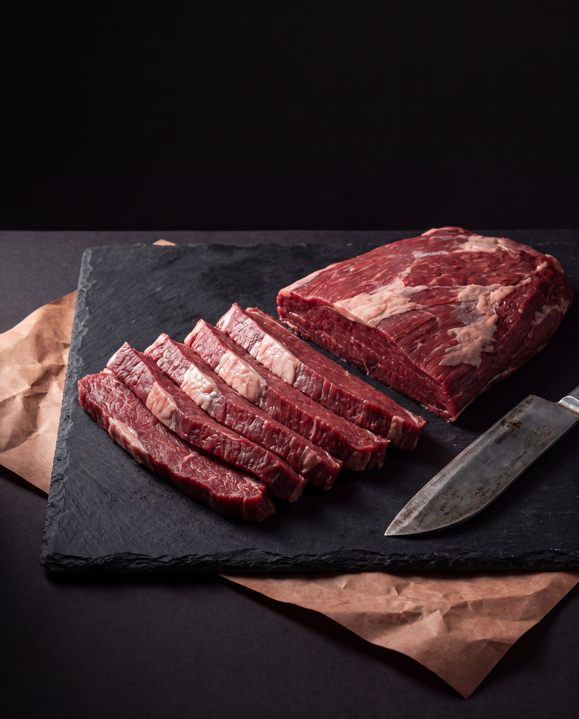 Strips of raw beef cut from one piece on a slate board, with the rest of the piece and a knife beside them