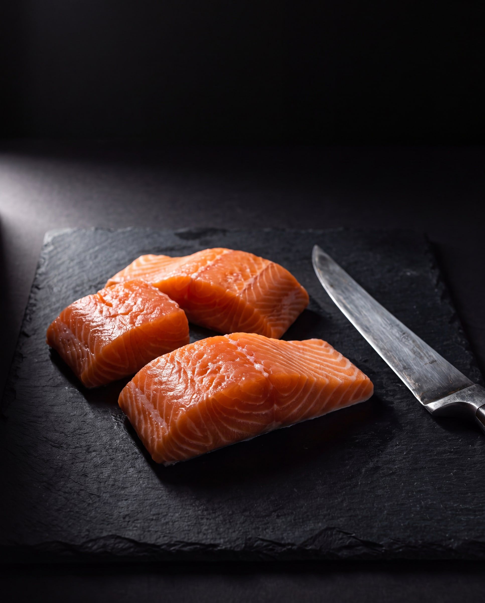 Three pieces of raw salmon on a slate board, with a filleting knife beside them