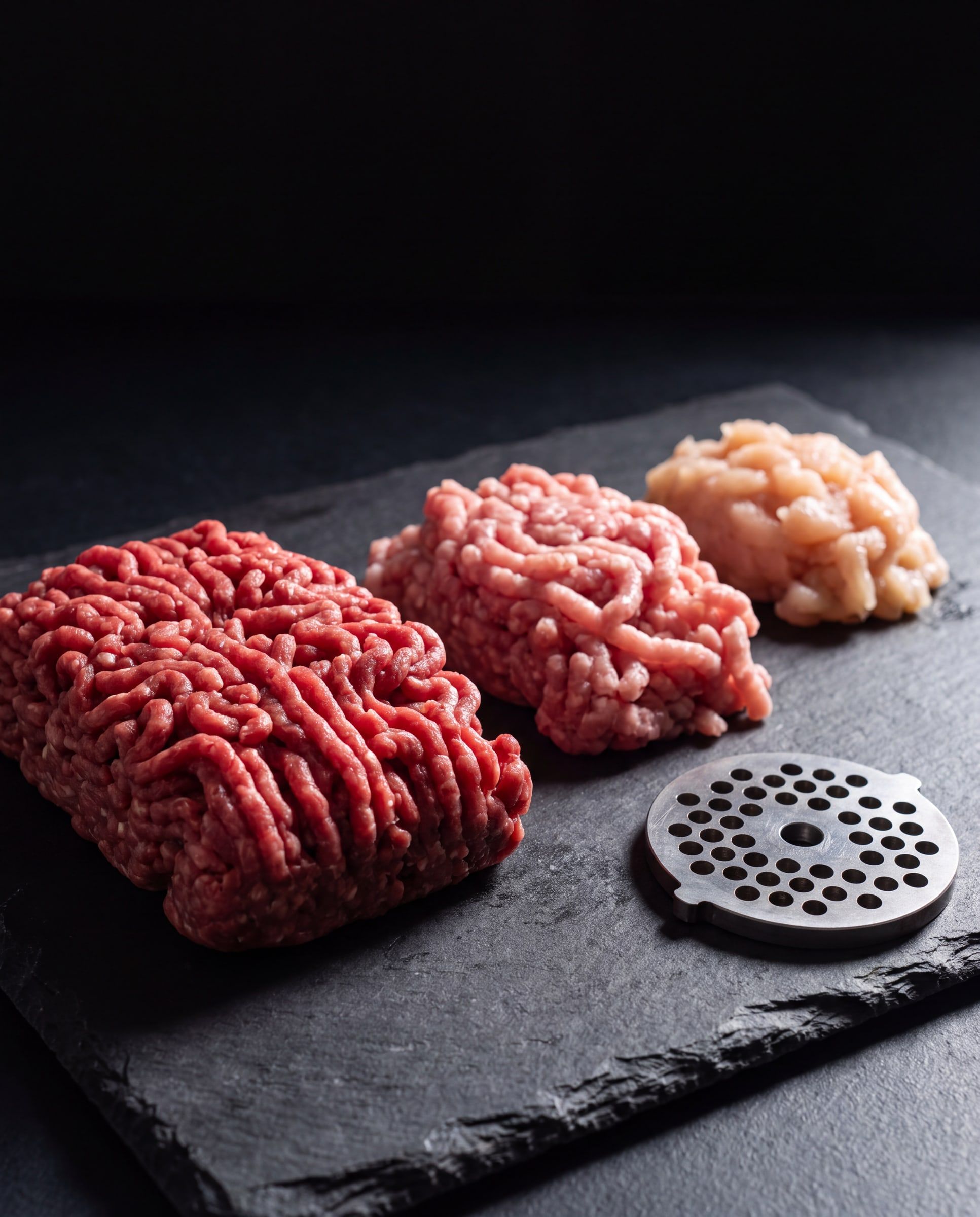 Three heaps of coarsely ground raw meat on slate, beef, pork and chicken, with the perforated plate of a mincer beside them