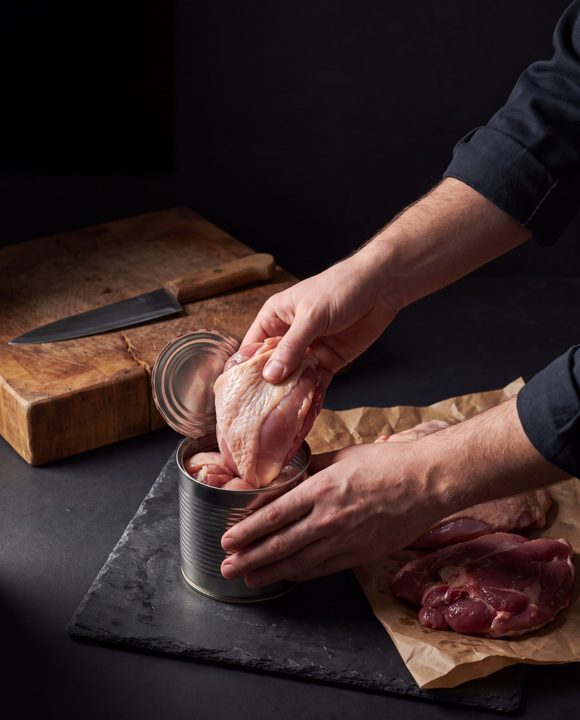 A butcher's hands placing a piece of raw chicken into an unlabelled can