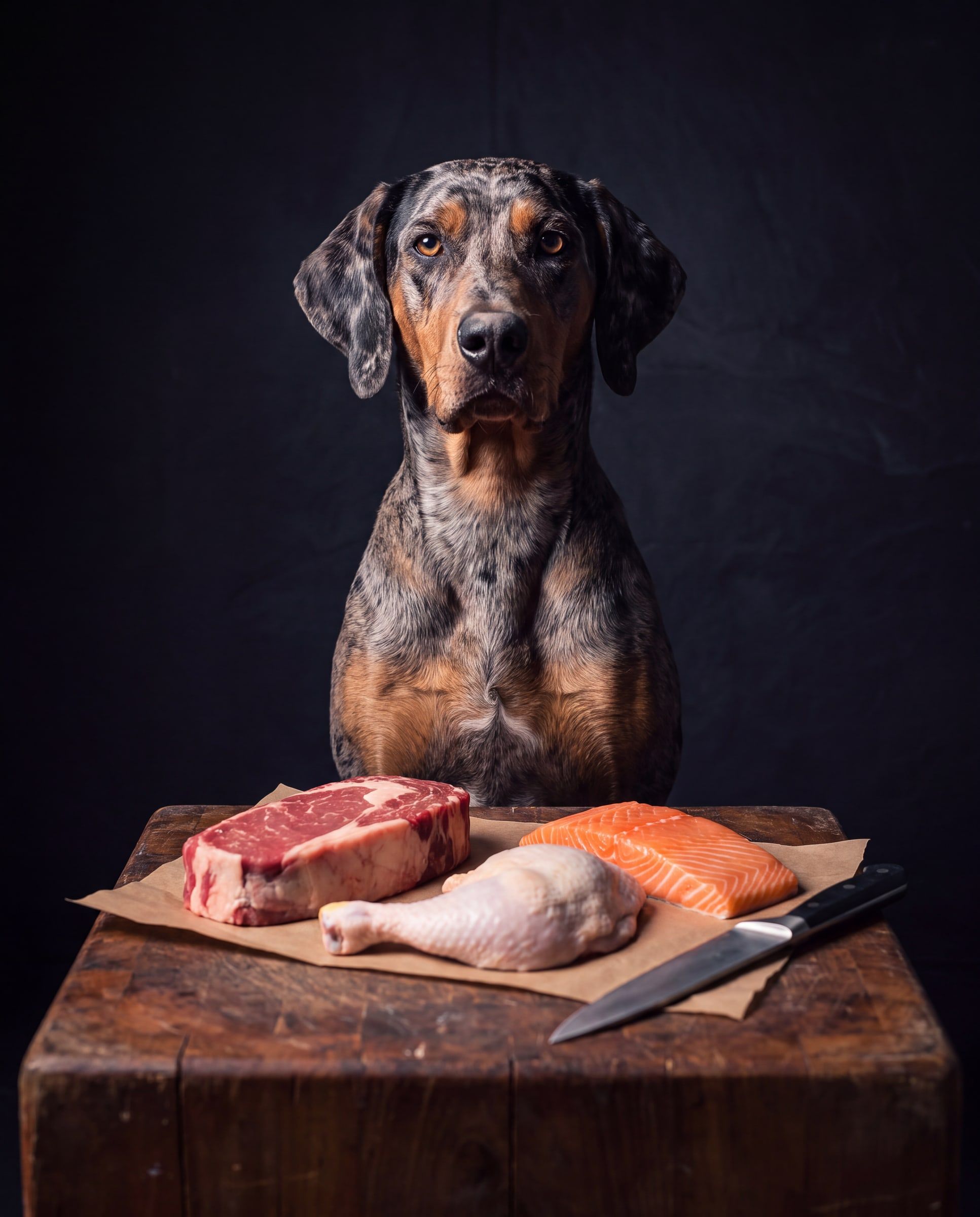 A hunting dog with a merle coat sits behind a butcher's block with a raw beef steak, a chicken quarter and a piece of salmon, looking straight into the camera